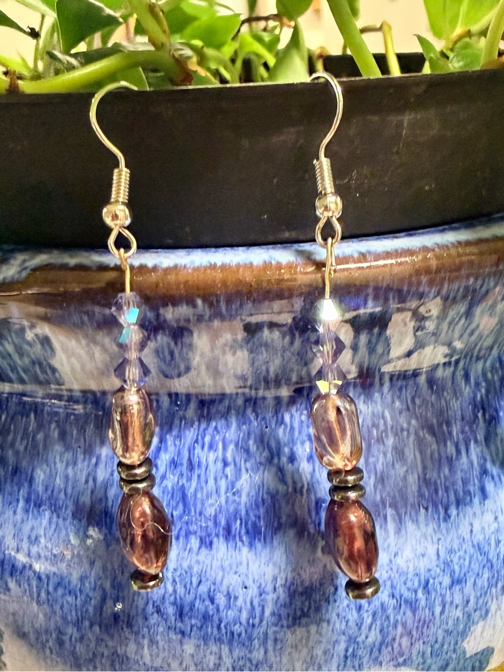 Handmade Purple Glass Bead Dangle Earrings